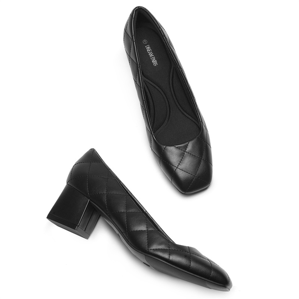 Square Toe Low Heel Pumps - BLACK PU - 4